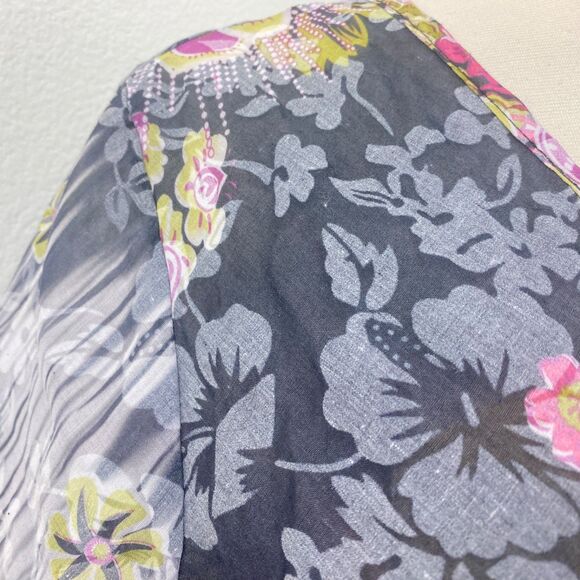 Gemini Semi-Sheer Dress Lg Gray Pink Floral Border Peasant Milkmaid Boho Fairy - Picture 3 of 9